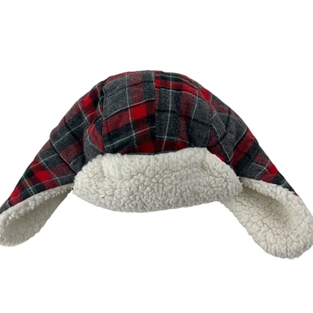 Carters Baby Kids Red Gray Plaid Sherpa Lined Trapper Hat 3-9M‎